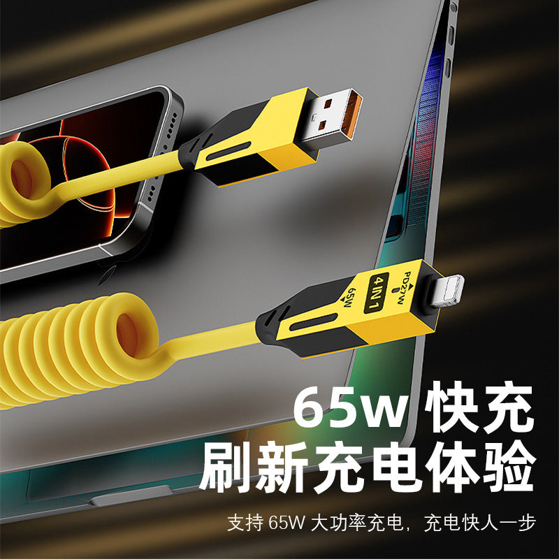 65w fast charging retractable coiled data cable, 2-in-1/4-in-1 car charger cable, compatible with apple and huawei fast charging