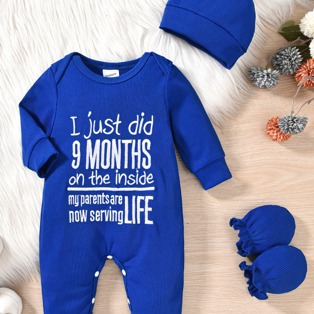 Baby boy letter print romper hat and glove set