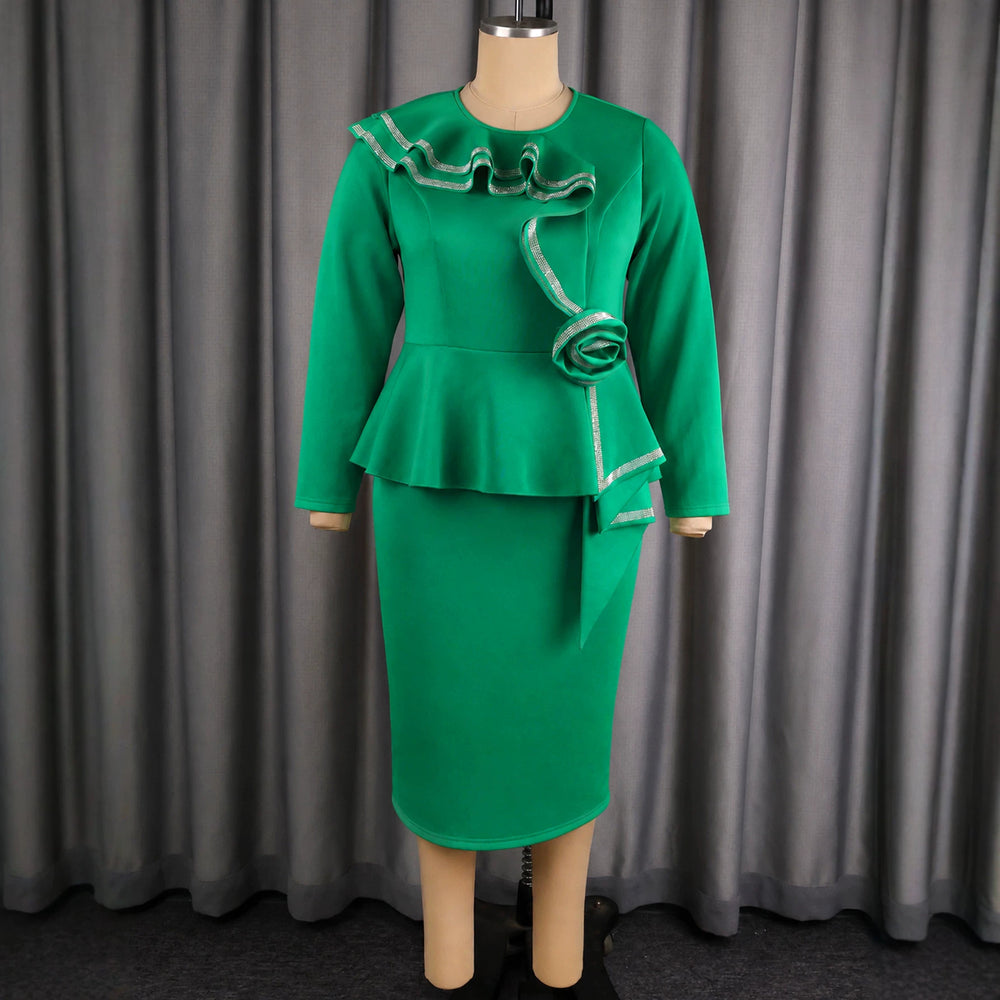 Autumlong sleevespatchworkpure color one-step skirt stereo flower rufflesilm hip-hugging work clothingdress dress