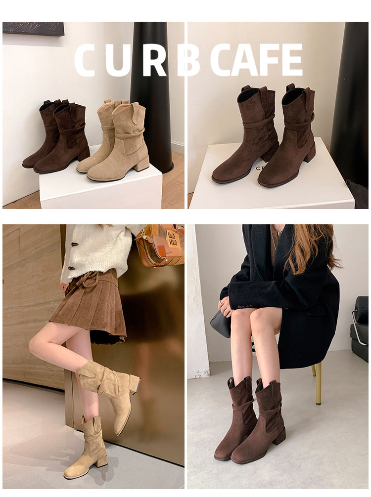 Sheepskin pleated pile thin short boots for women 2025new arrivalfall and winter maillard retro british boots