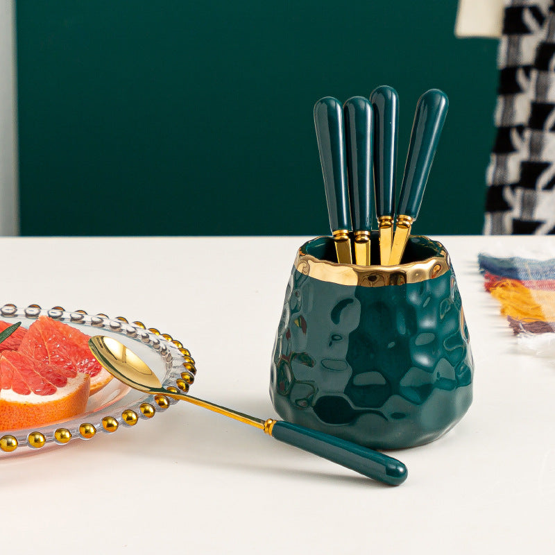 Simple fruit fork spoon ceramic storage jar stainless steel high-looking ceramic handle fruit fork household set wholesale