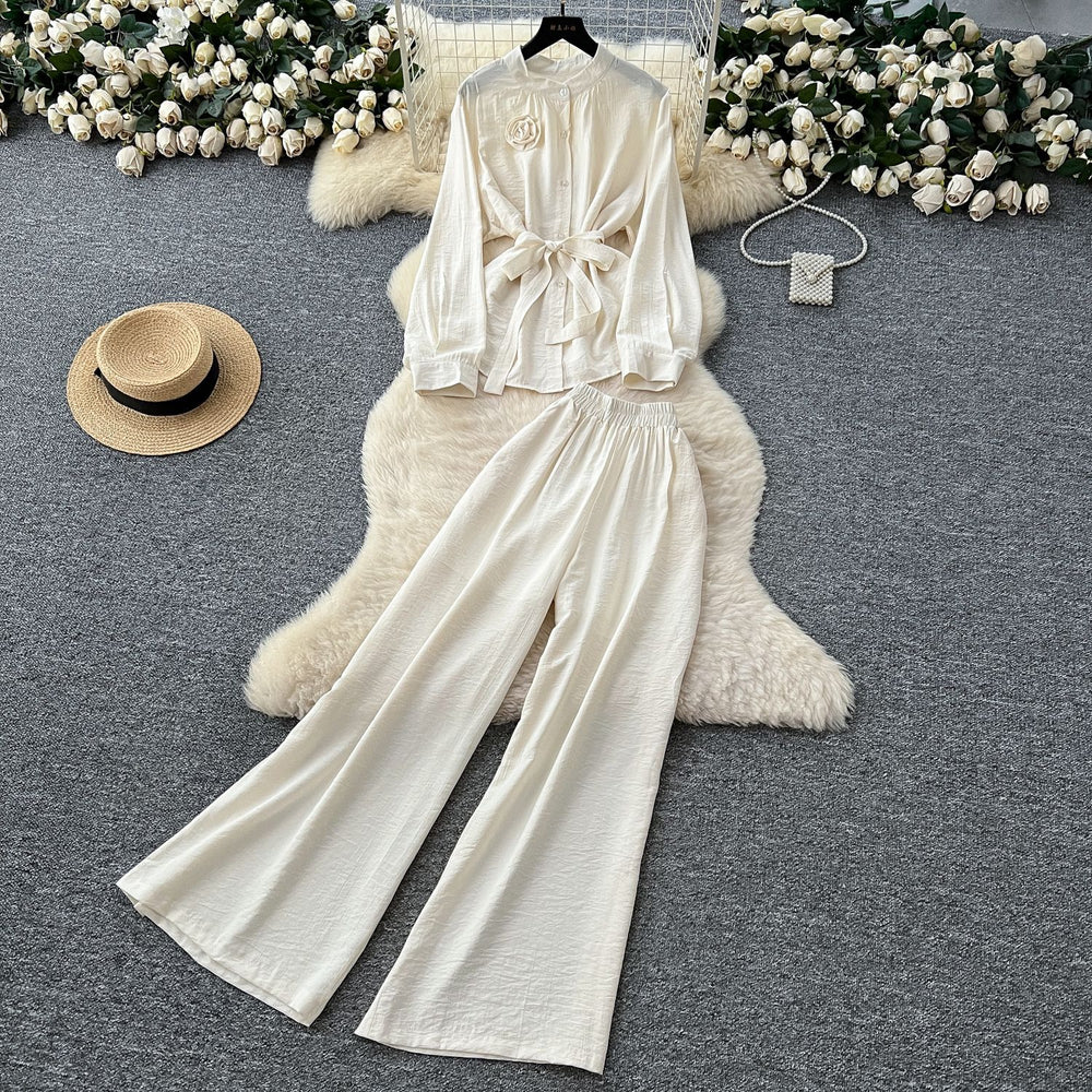 Casualsuit women's light mature style classy sense of strap flower long sleevesshirthigh waistloose pantsstraight-leg pantsfashionsuit