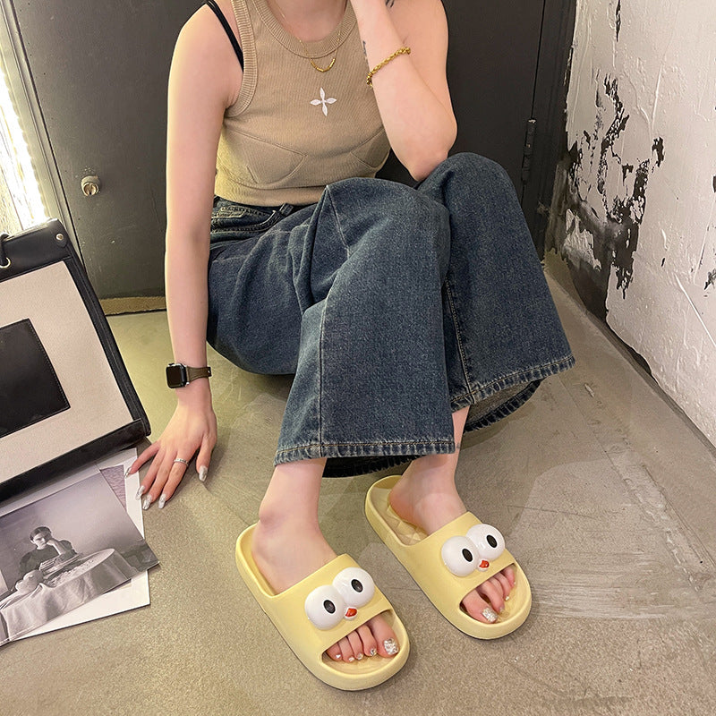 2024new arrival women's summer home cartoon big-eyed bird thick sole one-word casual beach slippers for women