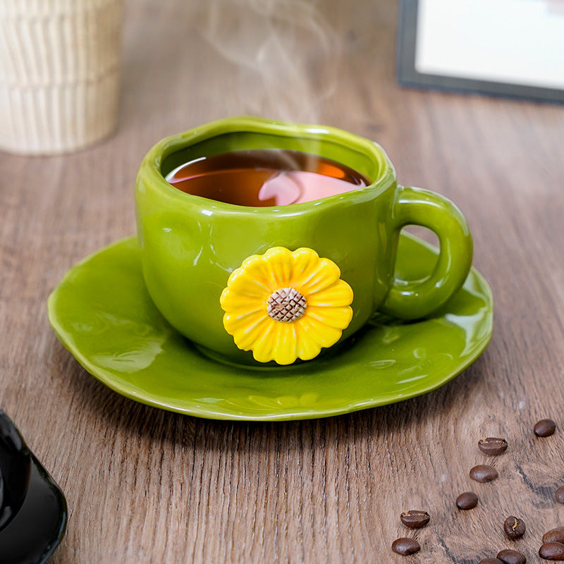 Hand-pinched embossed floral coffee cup and saucer set - home, niche, retro style ceramic milk cup, water cup, unique and high-value design