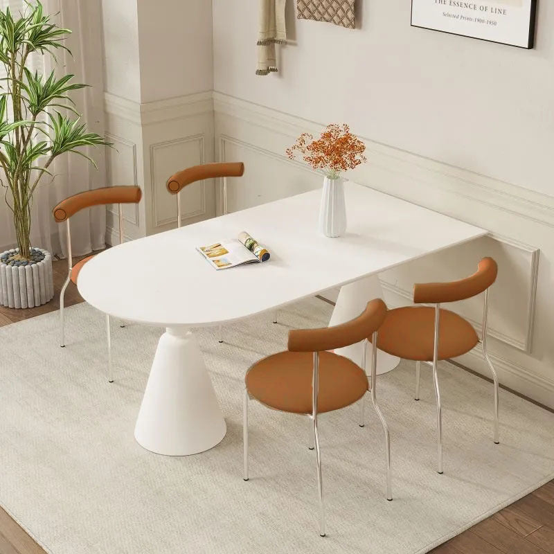 Luxury modern minimalist small apartment home oval dining table french cream style sintered stone dining table and chair set