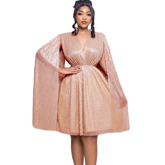 C8543 with belt   new v neck elegant long sleeves cloak waist dress foreign trade dress