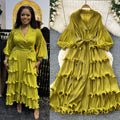 2025 new elegant spring dress: high-end vintage collar lantern sleeve ruched waist ruffle pleated dress for women