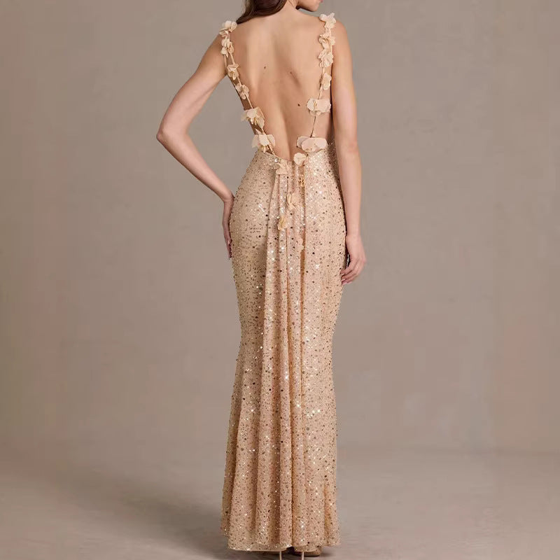 european and american cross-border celebrity style sequin beaded tube top mermaid dress evening party backless slim fit maxi dress