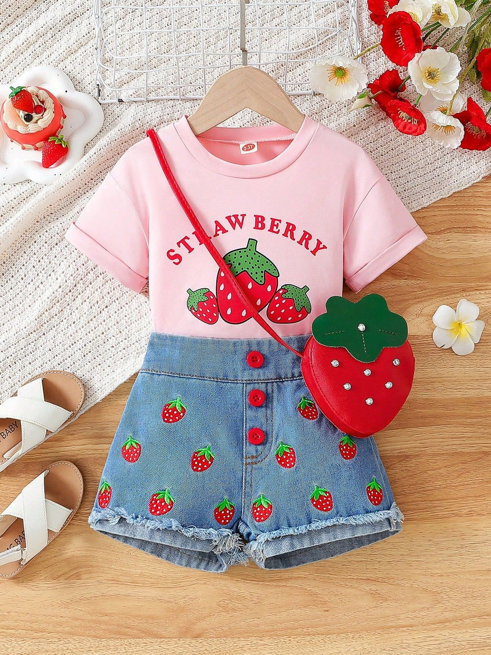 hot selling girls' crew neck printed tee + strawberry print denim shorts + bag set for little girls