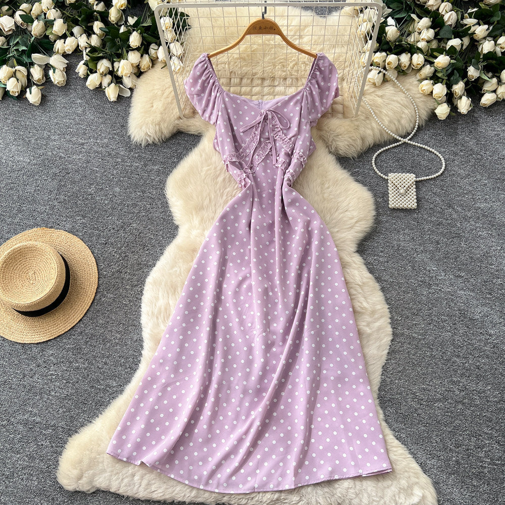French sweet style square neck polka dot dress women's summer korean style sleeveless waist-defining elegant a-line red maxi dress