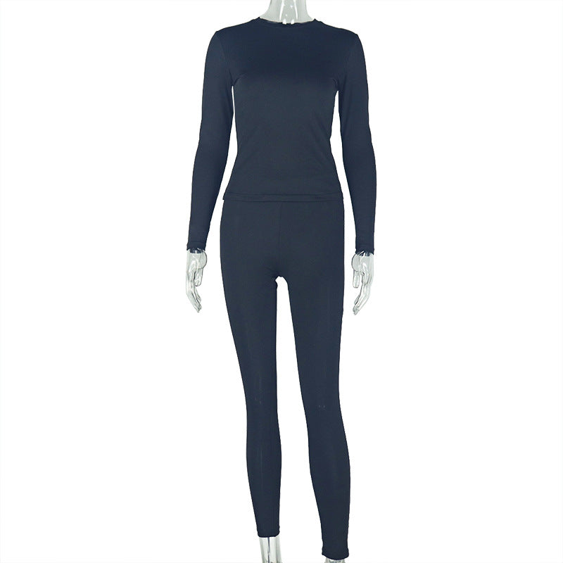 European and american style fashionable versatile women's pleated bodycon solid color pants set - round neck long pants casual trendy two-piece outfit