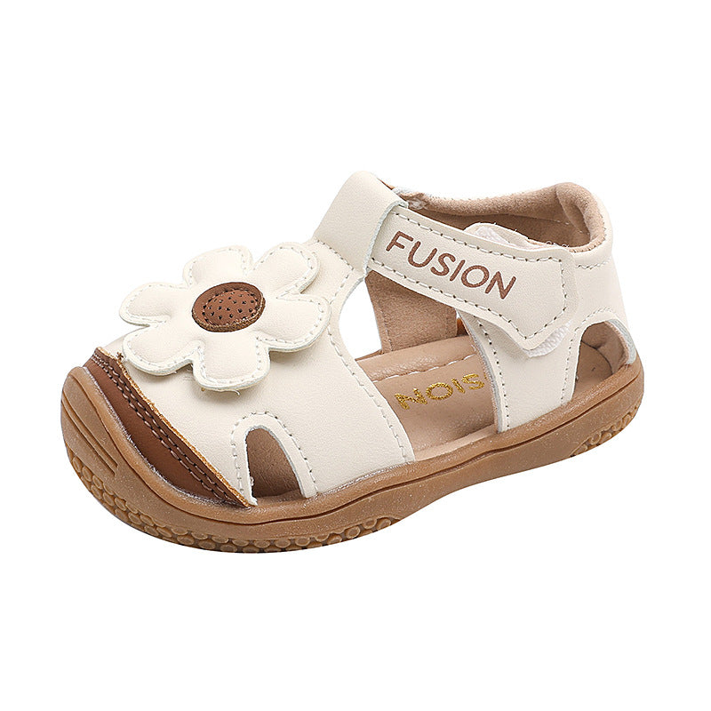 Girls' summer soft-soled first walker sandals - cute floral closed-toe, anti-kick, non-slip, breathable toddler functional shoes, ages 1-4