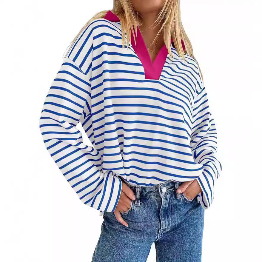 European and American Independent Station Cross-border Women's Clothing 2024 Autumn TK  Explosive Loose Casual Collar Striped Long Sleeve Sweater Women