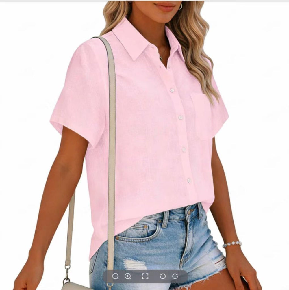 european and american cross-border  summer new arrival: women's solid color cotton linen short-sleeve shirt