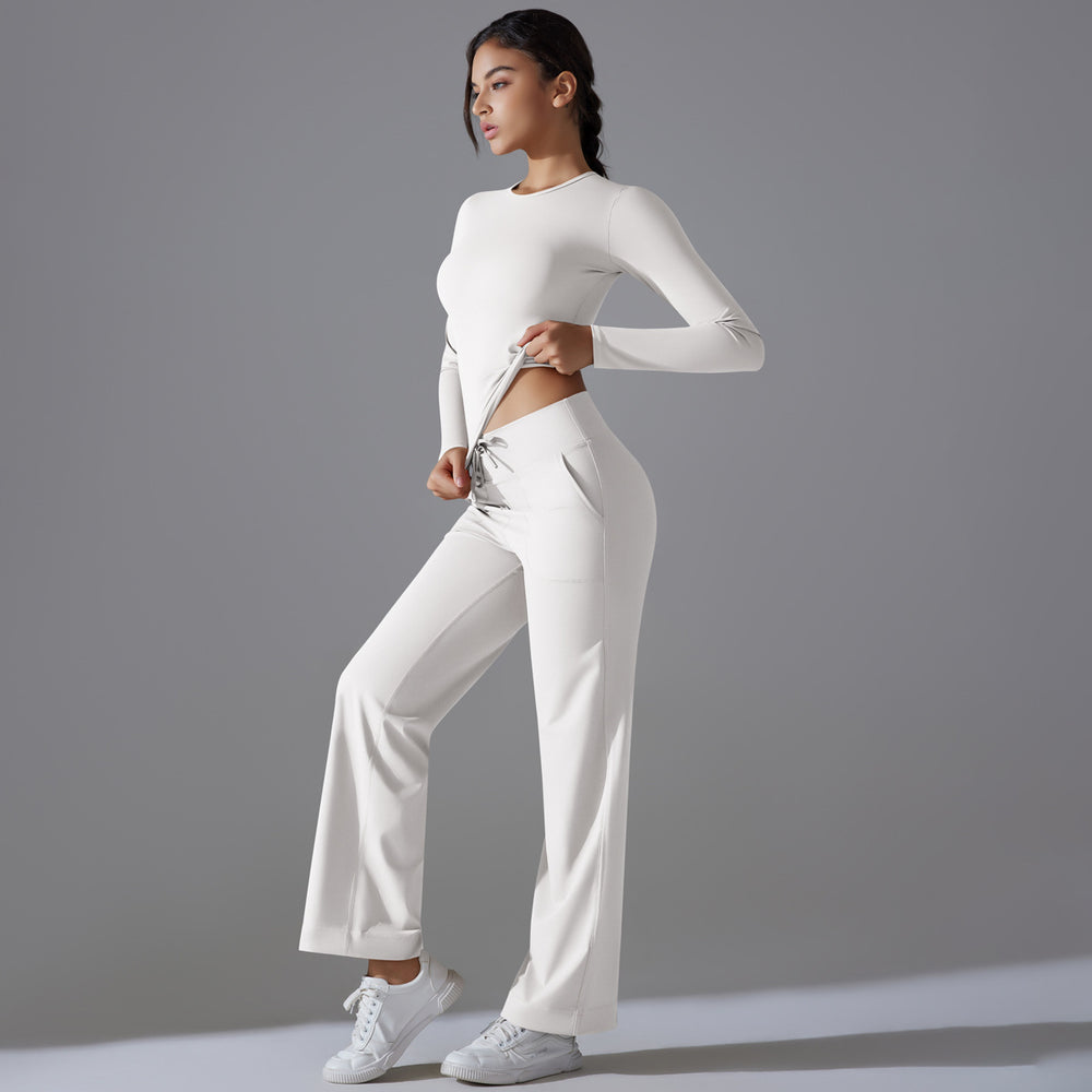 double-sided nylon pure colorlonglong sleeves yoga suit suithigh waist wide leg sports running fitness two-piece set