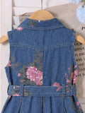 hot-selling girls' sleeveless printed denim dress + belt, denim washed dress - cross-border exclusive