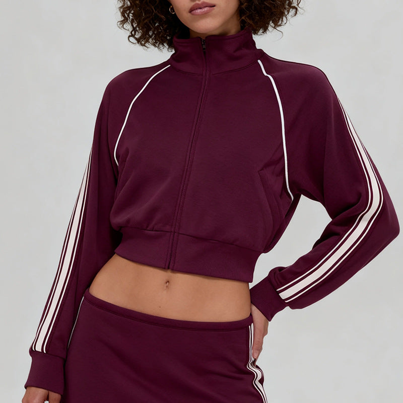 Fall and winternew arrivalmodal air layer sandwiched with white strips breathable stand collar zipper outwear short skirt casual sports suit for women