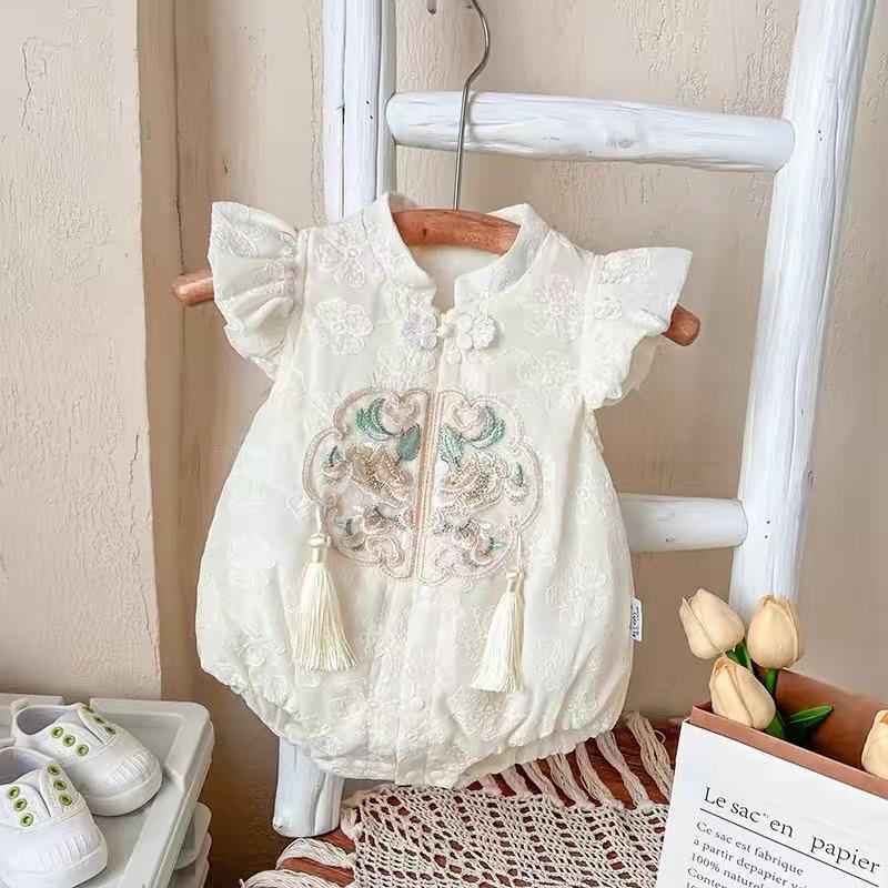 Summer romper - lightweight chinese style bodysuit - baby clothes - newborn thin fly sleeve princess onesie for baby girls