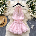 Pure desire halter beaded suspender dress goddess elegant waist ruffles chiffon skirt fairy vacation skirt