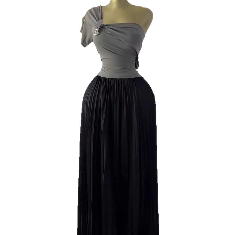 European and american cross-border women's fashion:  autumn new collection - solid color short sleeve bandeau top with asymmetrical neckline, cinched waist, and pleated detailing - elegant two-piece set