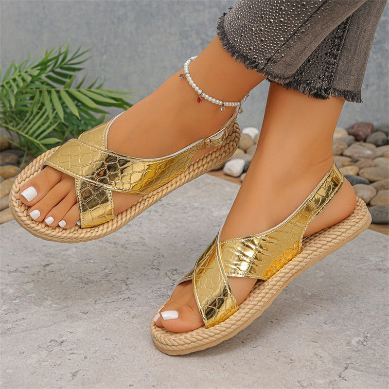foreign trade summer new large size anti-woven bottom metal buckle crocodile pattern cross-border comfortable lightweight sandals for women