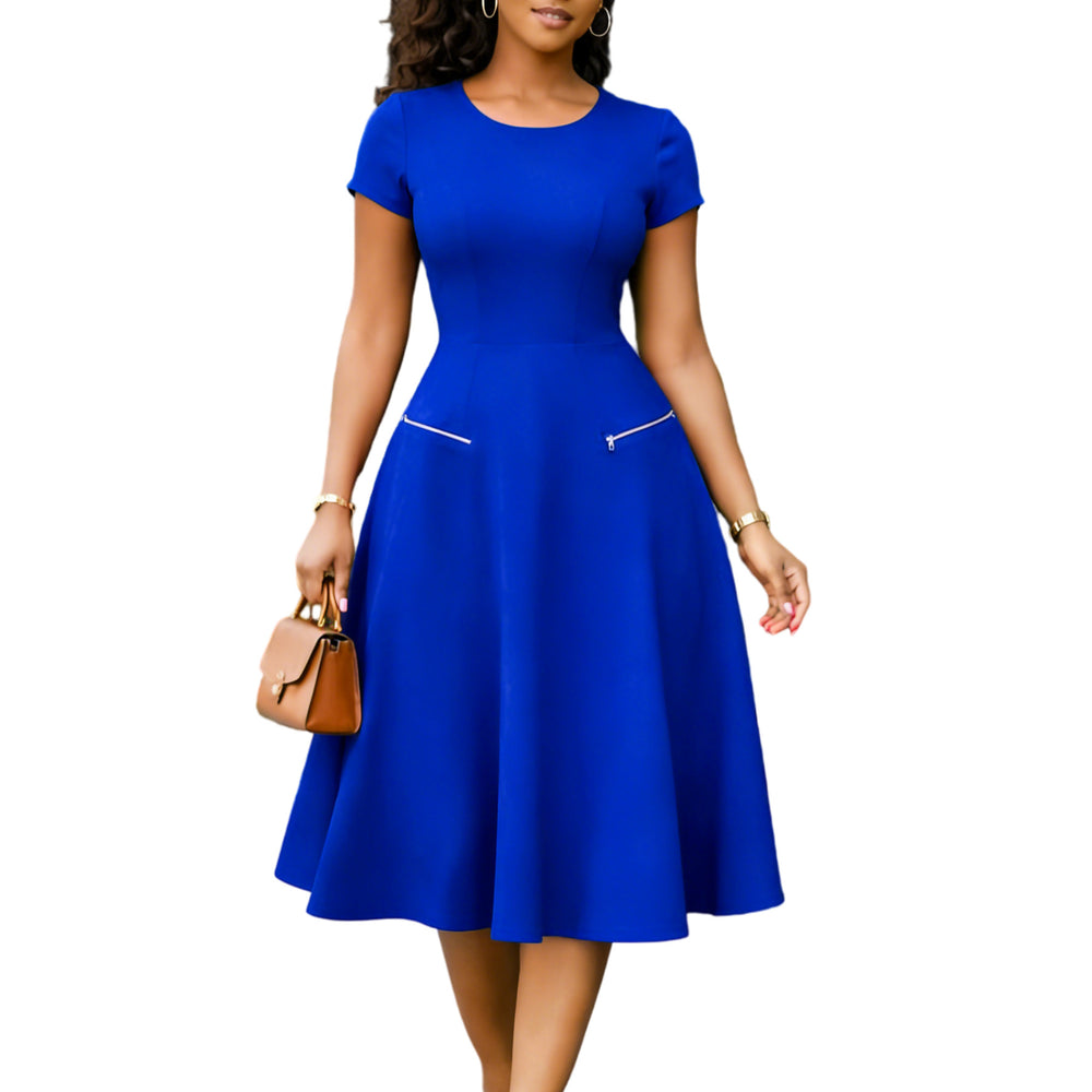 D619  foreign trade  new women's elegant minimalist round neck slimming solid color dress