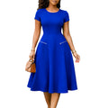 D619  foreign trade  new women's elegant minimalist round neck slimming solid color dress