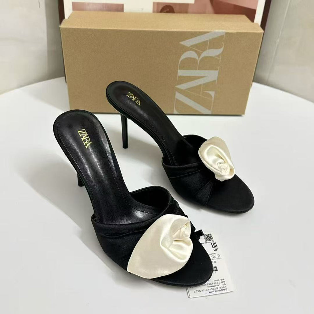 Za french floral fashionable elegant outdoor slippers for women, 2025 summer new collection, versatile stiletto heel, square toe, open toe, single strap