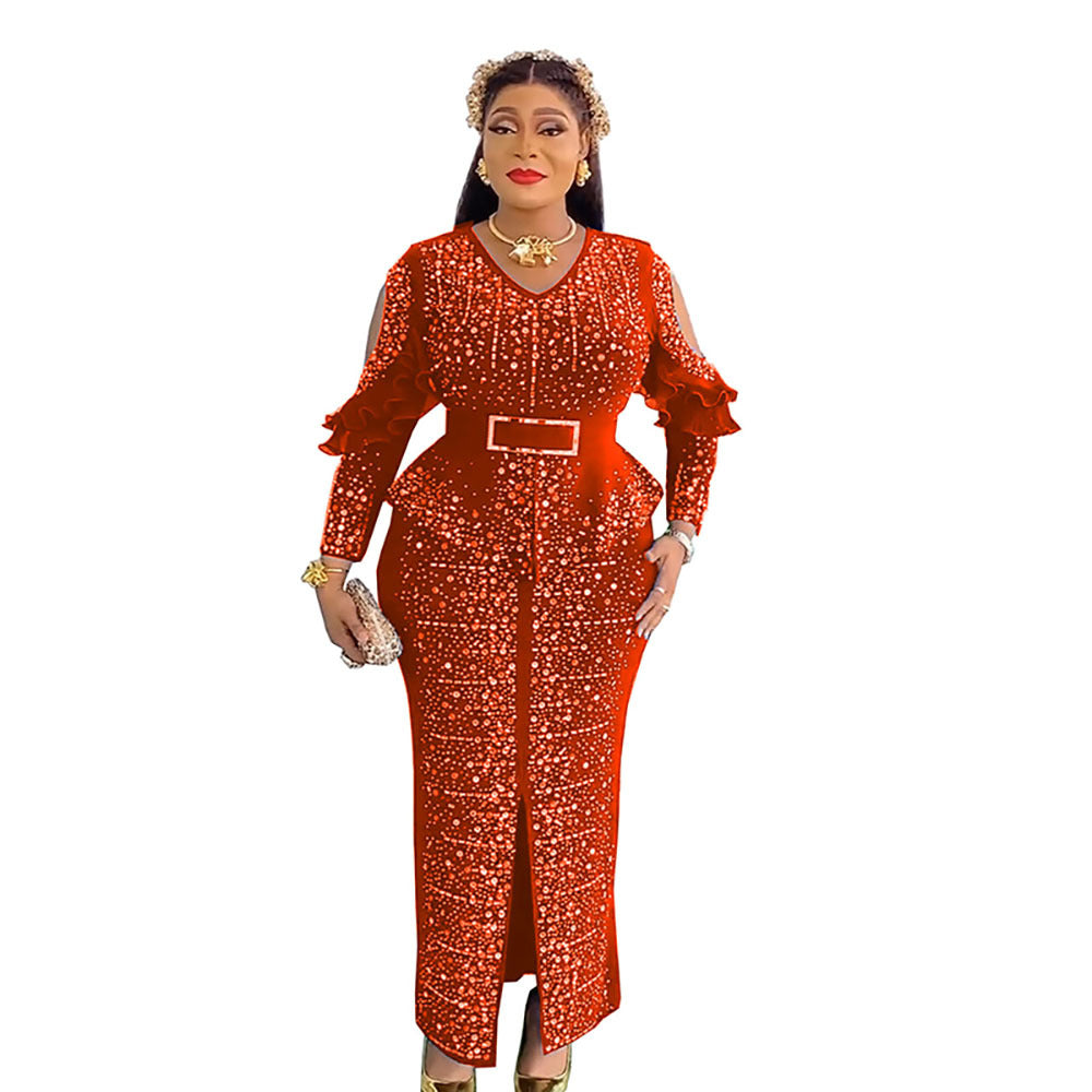 supply hot diamond beading off-shoulder long sleeves waist slit long skirt v neck african long skirt dress