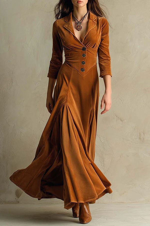 european and american women's clothing  independent station pure color button lapel three-quarter sleeve long skirt dress waist swing skirt