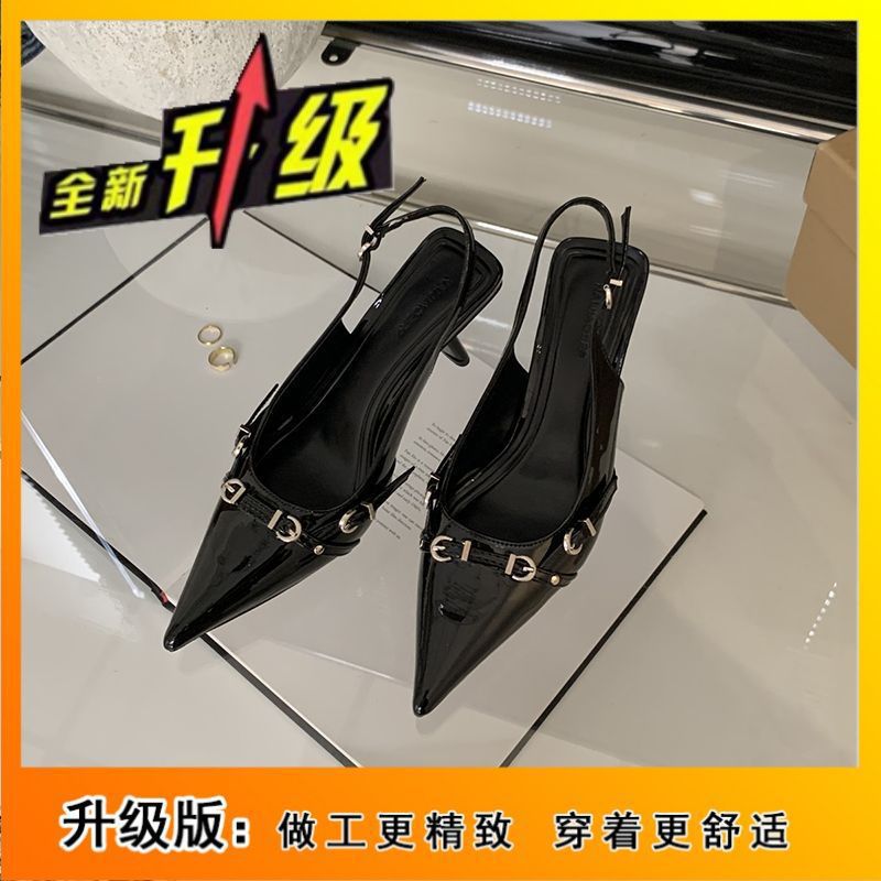 Xiaoxiangfeng black patent leather pointed toe special-shaped heel high-heeled shoes 2024springnew arrival supermodel same style fashion sandals