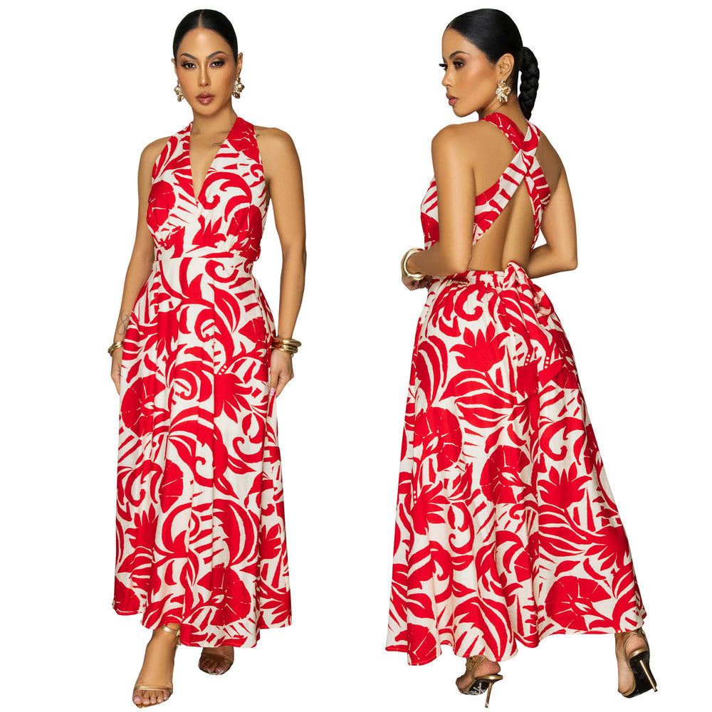 C7790 cross-border  new women's summer halter v-neck printed maxi dress - vacation style, commute-friendly, casual dress