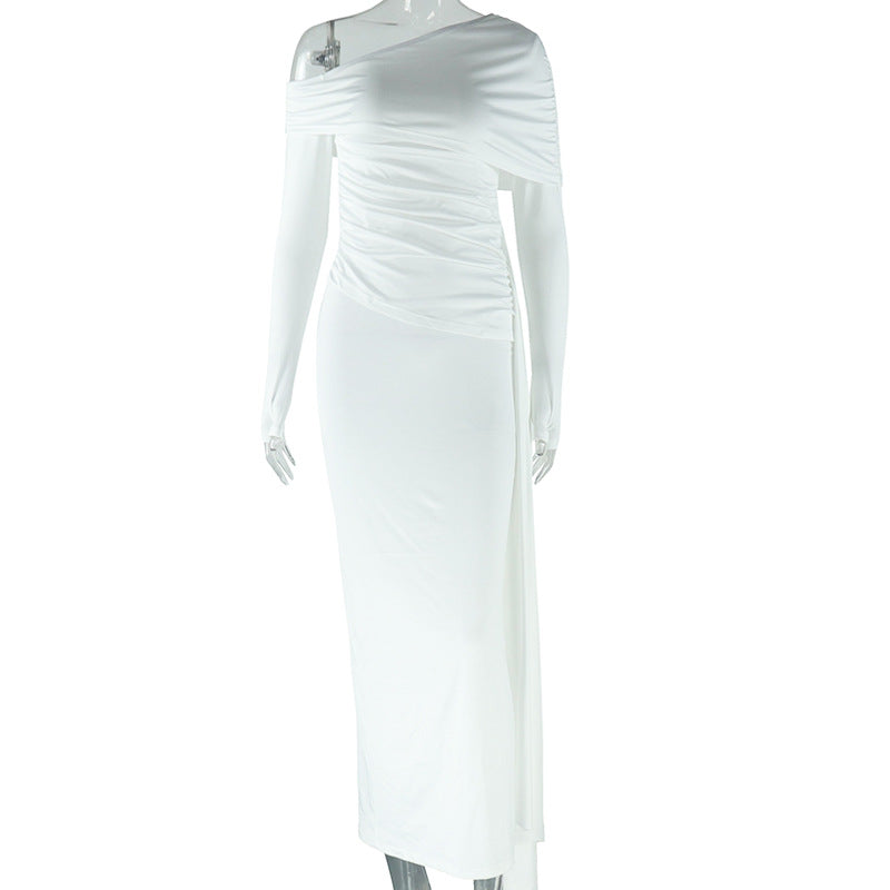 European and american style ins foreign trade women's fashion solid color dress - asymmetrical off-the-shoulder long sleeve dress