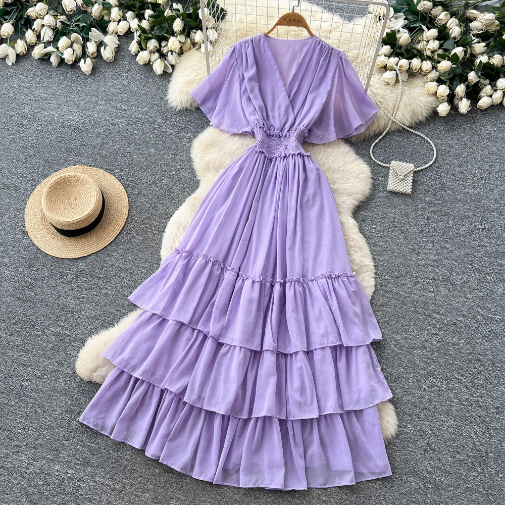 Frenchv neck red polka dot elegantdress women's summer waist slimming look a-line cake skirt dopamine style