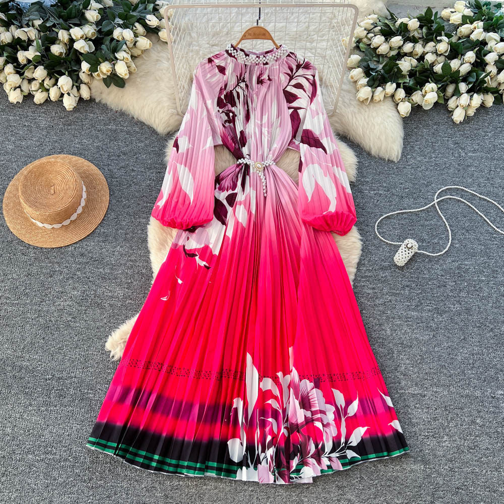 European and american style high-end beaded and printed pleated dress - women's gradient korean style long sleeve pearl button pleated maxi dress - commute friendly