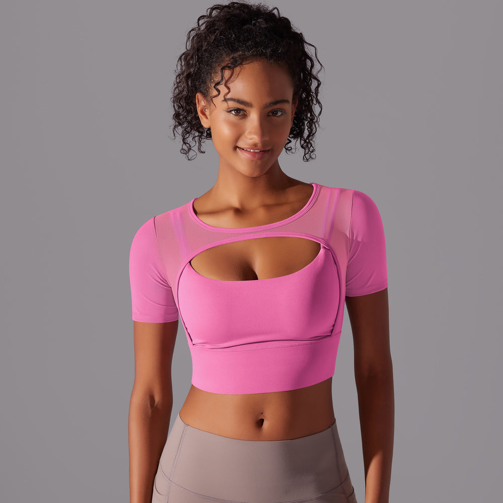 Classic solid color mesh panel sexy double-layer short sleeve cami bra top - running, fitness, and yoga activewear for women