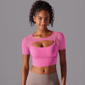 Classic solid color mesh panel sexy double-layer short sleeve cami bra top - running, fitness, and yoga activewear for women