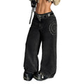 European and american style women's black and grey stone washed jeans with rivet spiral pattern, punk high-waisted wide leg, floor-sweeping denim pants