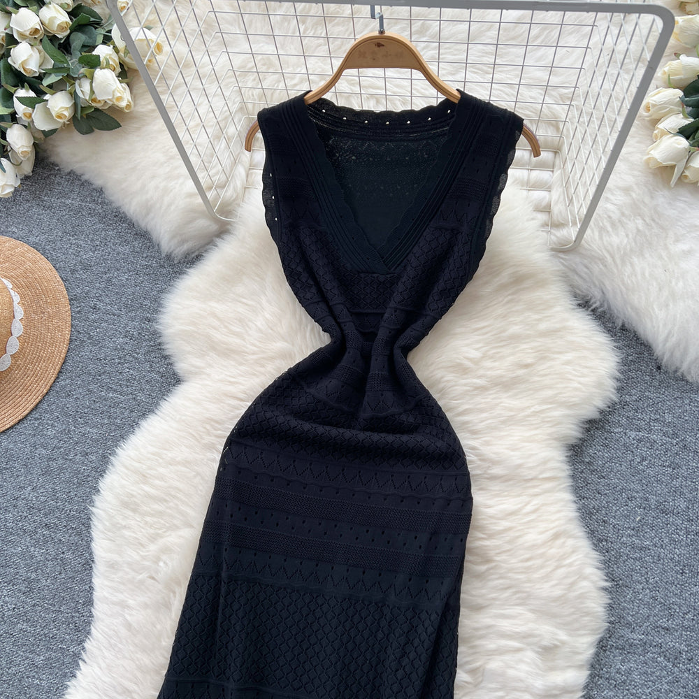 Korean style soft v-neck sleeveless crochet knit dress - women's summer high-end fitted mermaid maxi dress