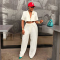 European and american cross-border women's fashion:  summer new arrival - stylish lapel tie-front short sleeve blouse and wide-leg suit pants set