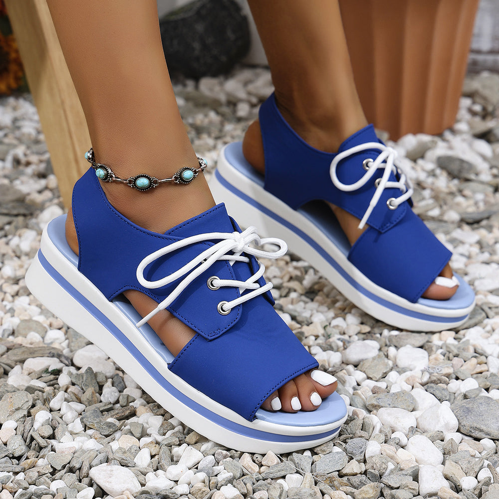 cross-border e-commerce new arrival: casual plus-size peep-toe foam wedge heel platform sandals with front tie
