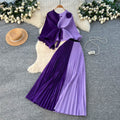 Elegant and chic commute style: sleeveless two-piece pleated skirt set with tie-waist detail - purple, autumn collection, designer piece