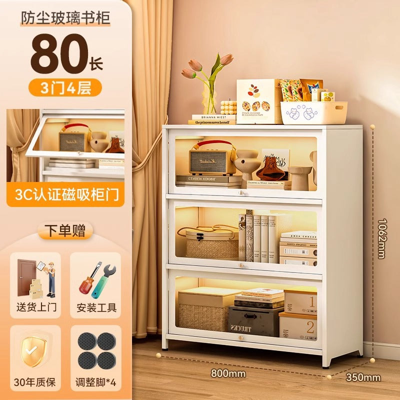 Steel bookcase with glass doors, kids' bookshelf, home living room storage cabinet, dustproof display cabinet, iron art shelf