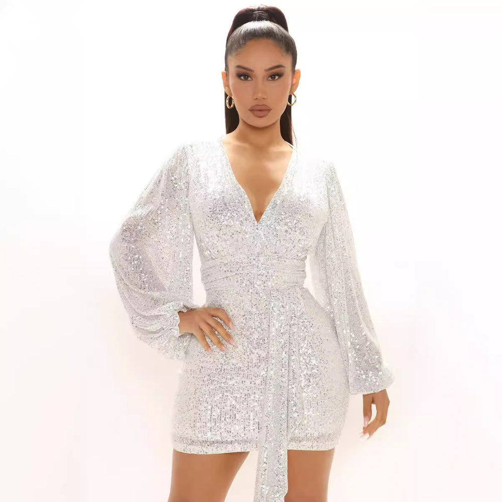 european and american style sequin deep v-neck lantern sleeve bodycon mini dress - perfect for cross-border e-commerce and nightclub looks