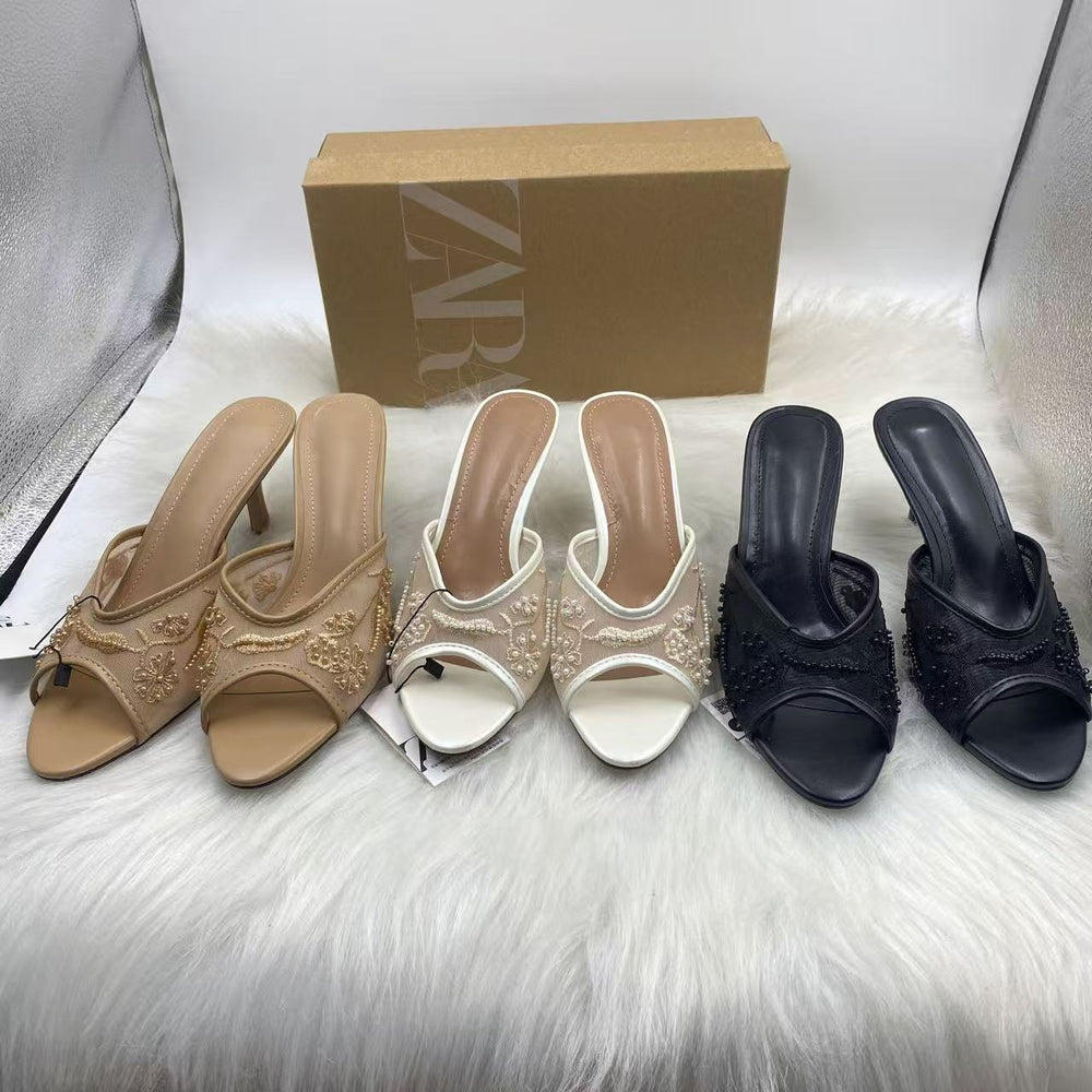 Za 2024 autumn new arrival back strap fashion stiletto heel peep-toe embroidered beaded mesh sandals women's trendy