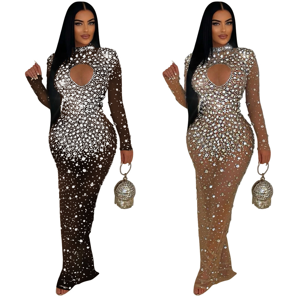 C6993 cross-border   independent station fashionfashion women's round neck hot diamond dress long skirt new