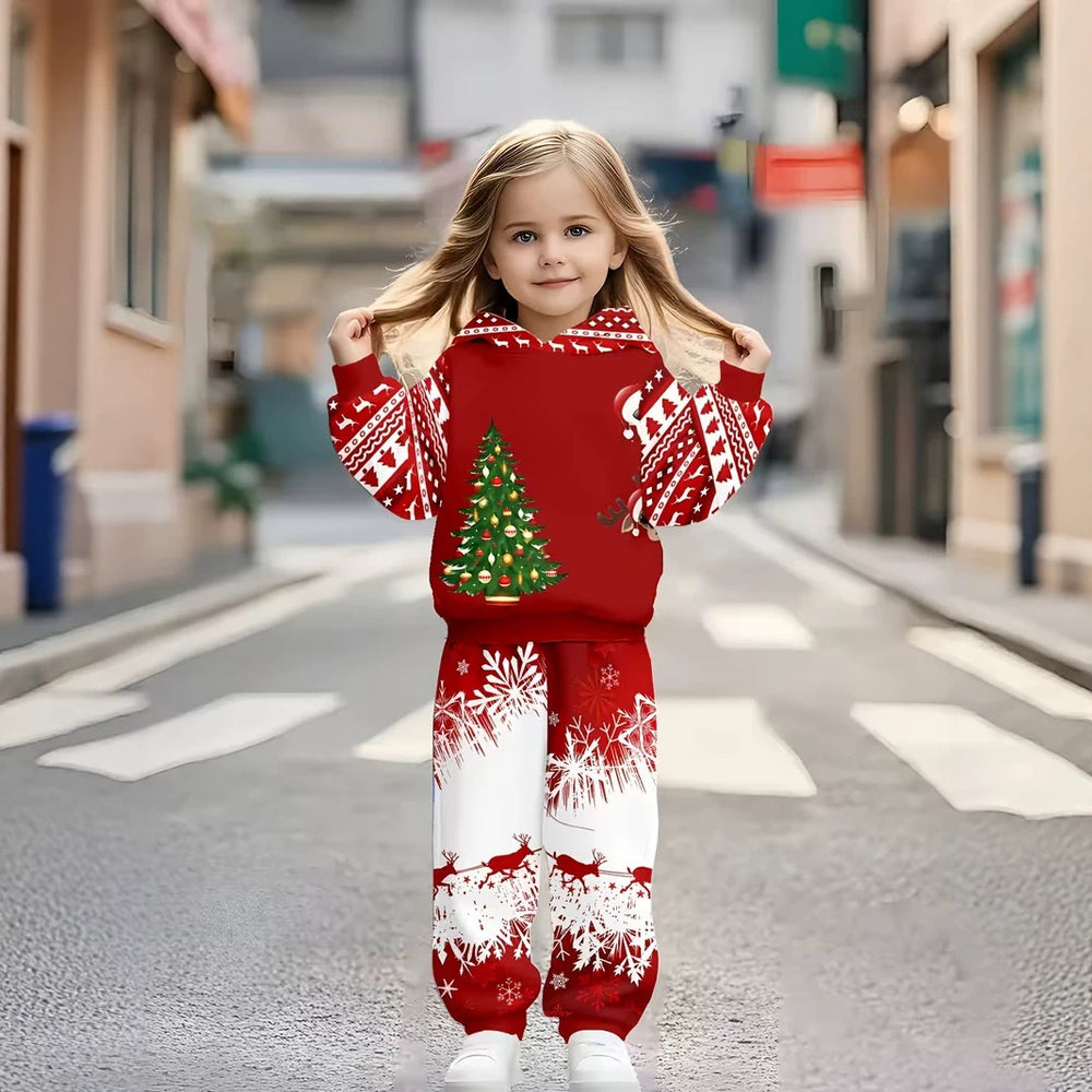 Kids' hoodie set, cross-border hot seller, trendy printed girls' fashion hooded sweatshirt and sweatpants set