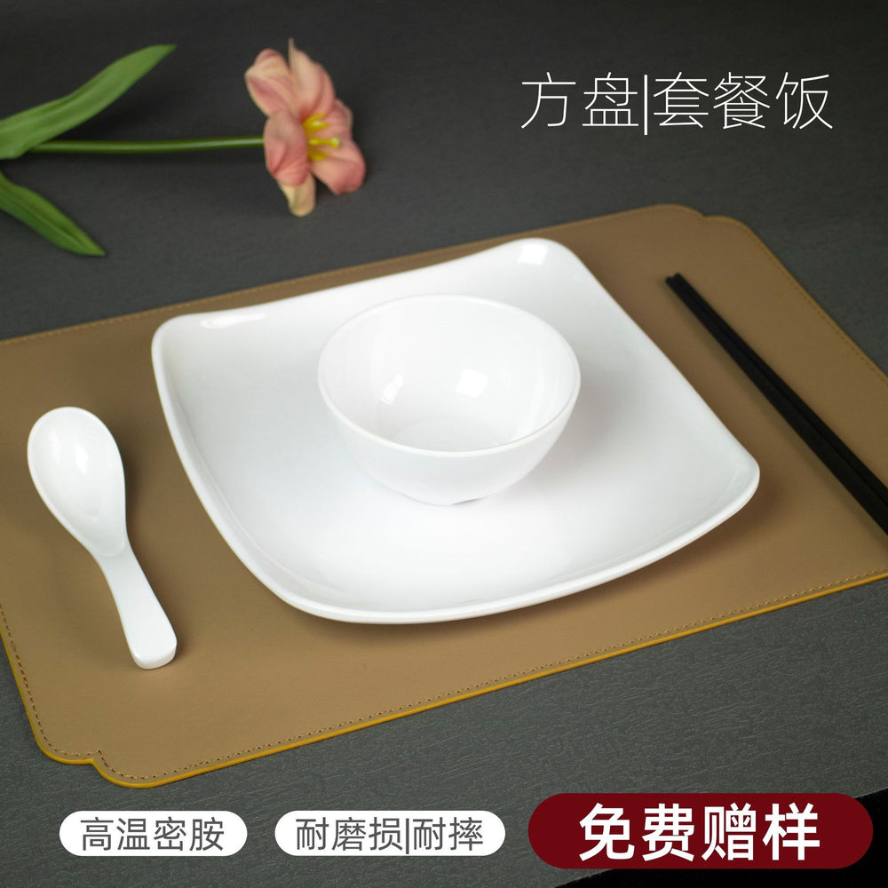 White square melamine dinnerware set - western style plates, fast food plates, covered fried rice/sauce dishes - wholesale for student cafeterias and dining halls