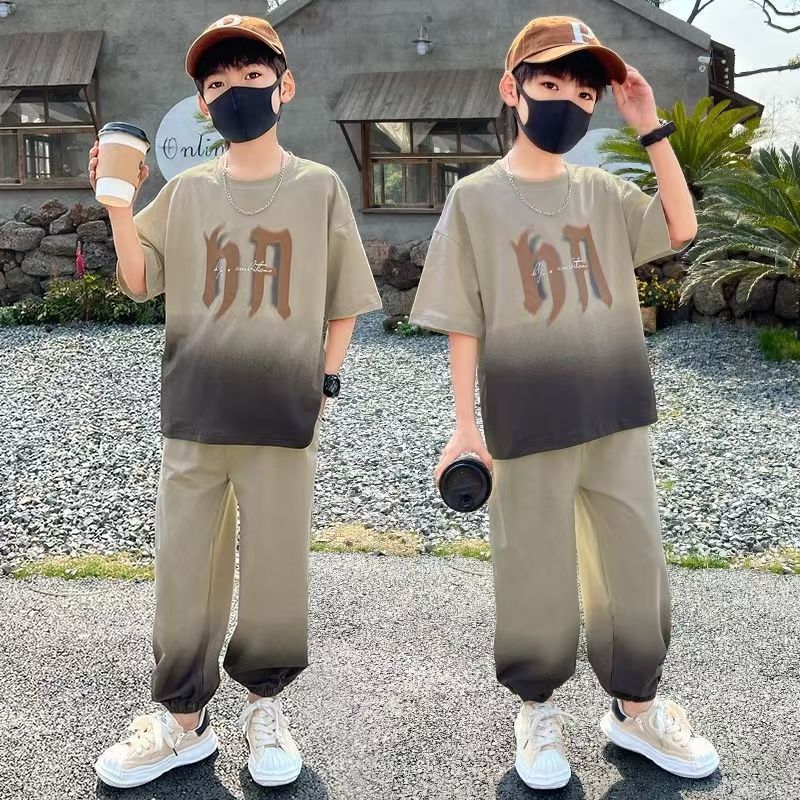 Boys' summer short-sleeve and pants set,  new style, mid-to-large children's activewear, kids' summer lightweight two-piece outfit