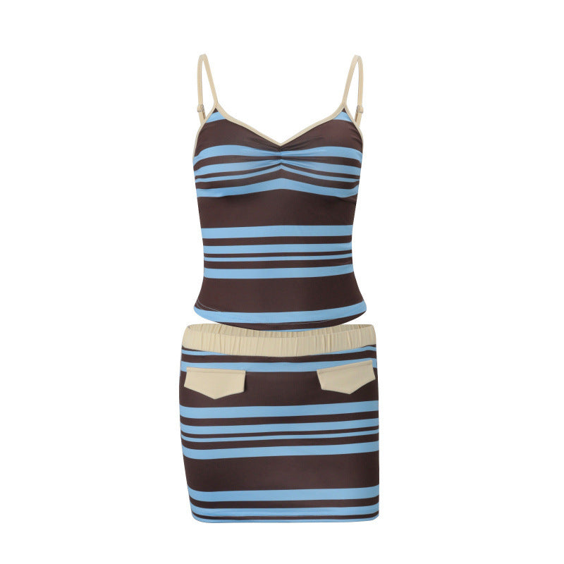 Amazon women's spring  new fashion retro striped color block cami top & sexy bodycon skirt set